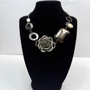 NY Statement Collar Necklace Rose Charm Bead Silver Tone Chain Jewelry 8 in L